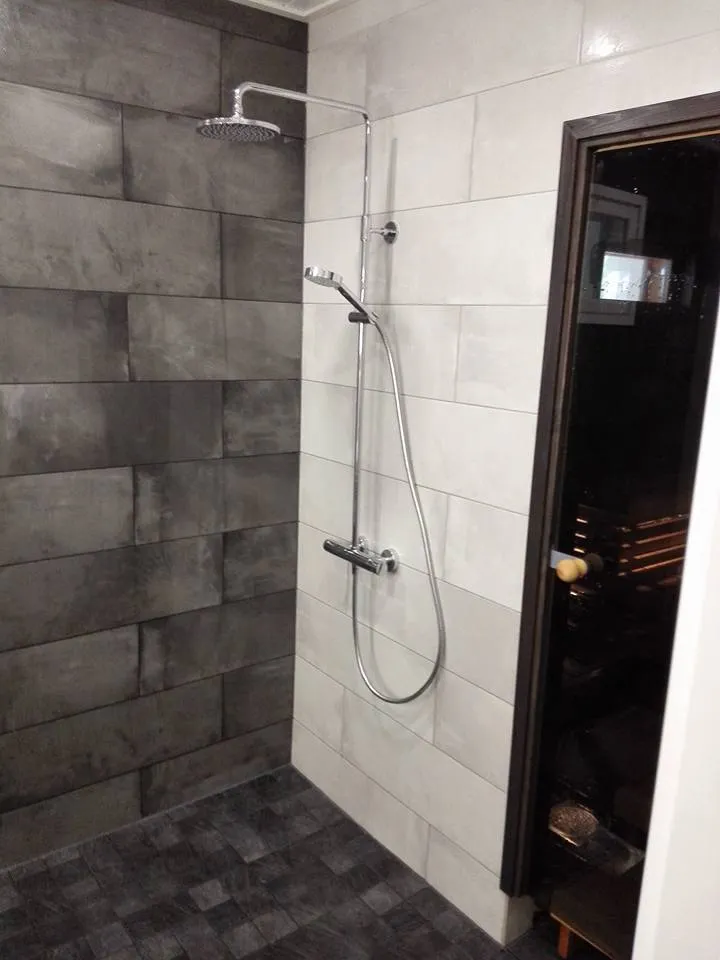 Kylpyhuoneen suihku tummilla ja vaaleilla laatoilla, sekä saunan ovi.