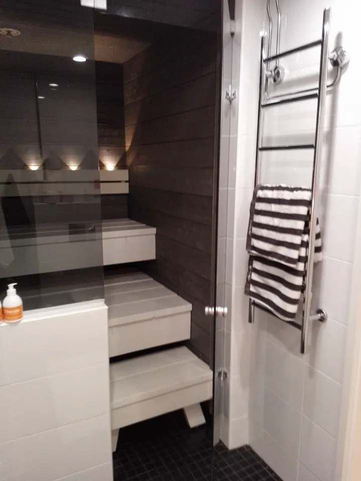 Kuvassa on sauna, jossa on valkoiset portaat ja tummat puupaneelit. Seinällä on pyyhekuivain, jossa on raidallinen pyyhe. Valoisa ja moderni sisustus.