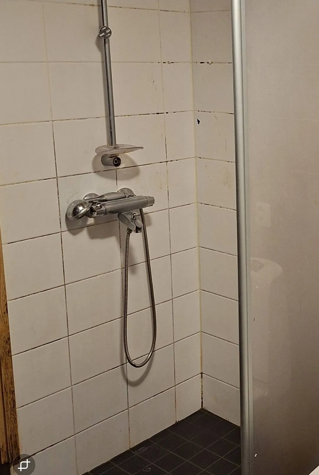 Kuvassa on suihkunurkkaus, jossa on valkoiset laatat, tummat saumat ja suihkuletku. Suihkunurkkauksen lattia on tumma ja suihkuseinä on osittain näkyvissä.