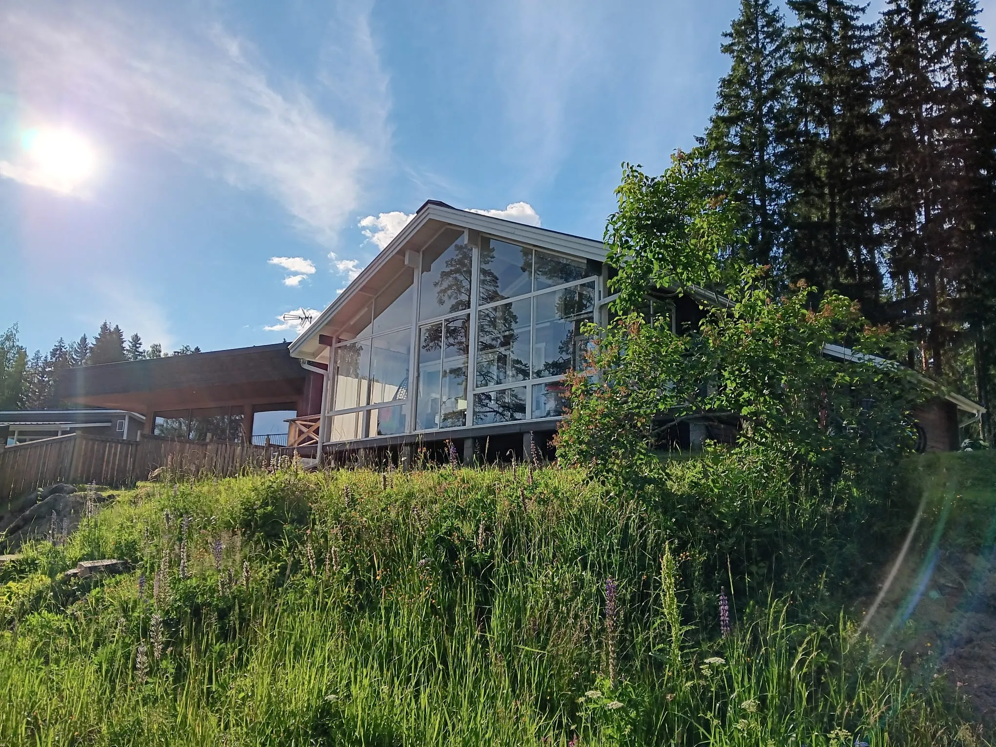 Valoisa kuva talosta, jossa on suuri lasiseinä, vihreän ruohon ja puiden ympäröimänä aurinkoisena päivänä.