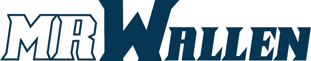 Kuvassa on teksti "MR WALLEN", jossa "MR" on valkoinen tummansinisellä ääriviivalla ja "WALLEN" on tummansininen.